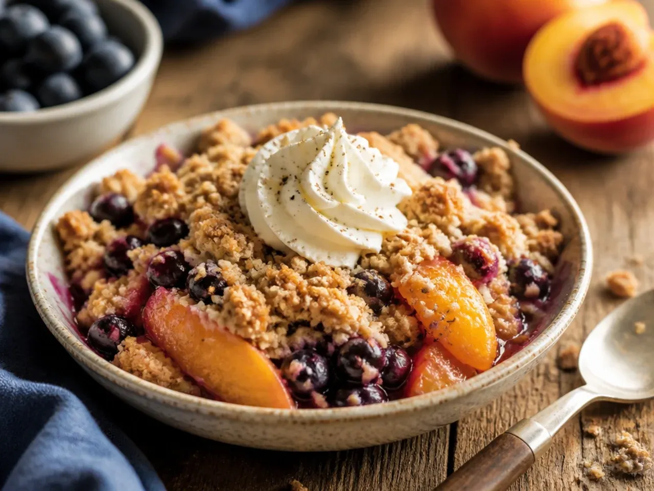 Peach and blueberry crisp with purple juices bleeding through a golden oat topping