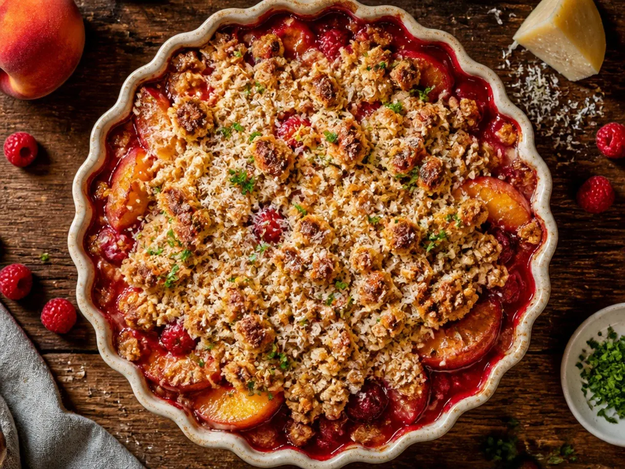 Peach and raspberry crisp with visible pink-red fruit pieces under a crumble topping