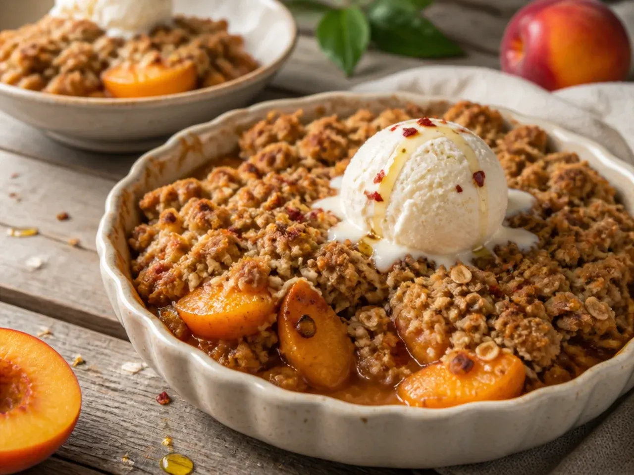 Gluten-free peach crisp with a golden crumble topping made from a 1:1 flour blend