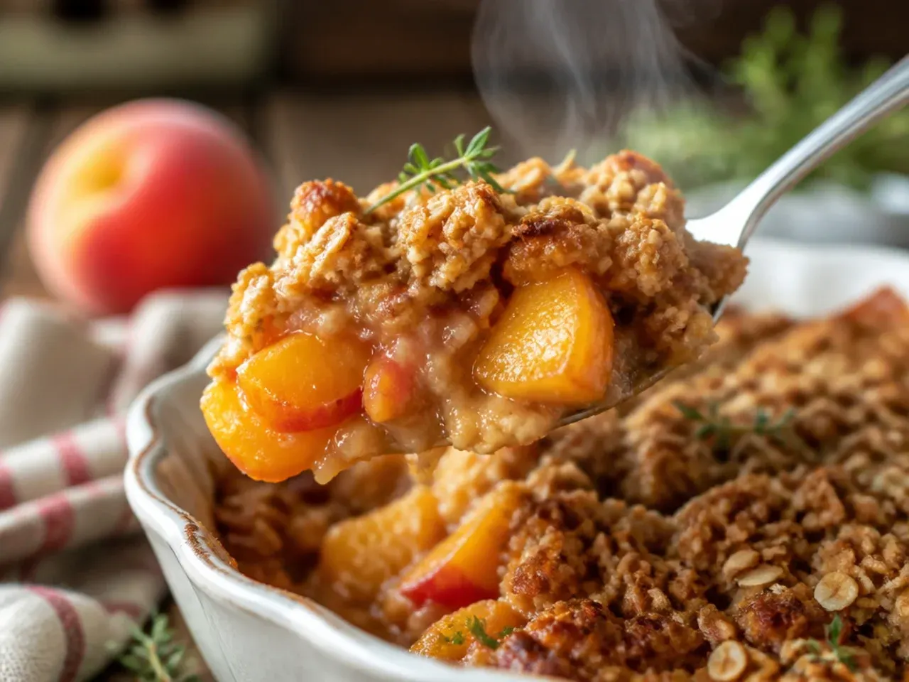 Vegan peach crisp topped with a scoop of dairy-free vanilla ice cream