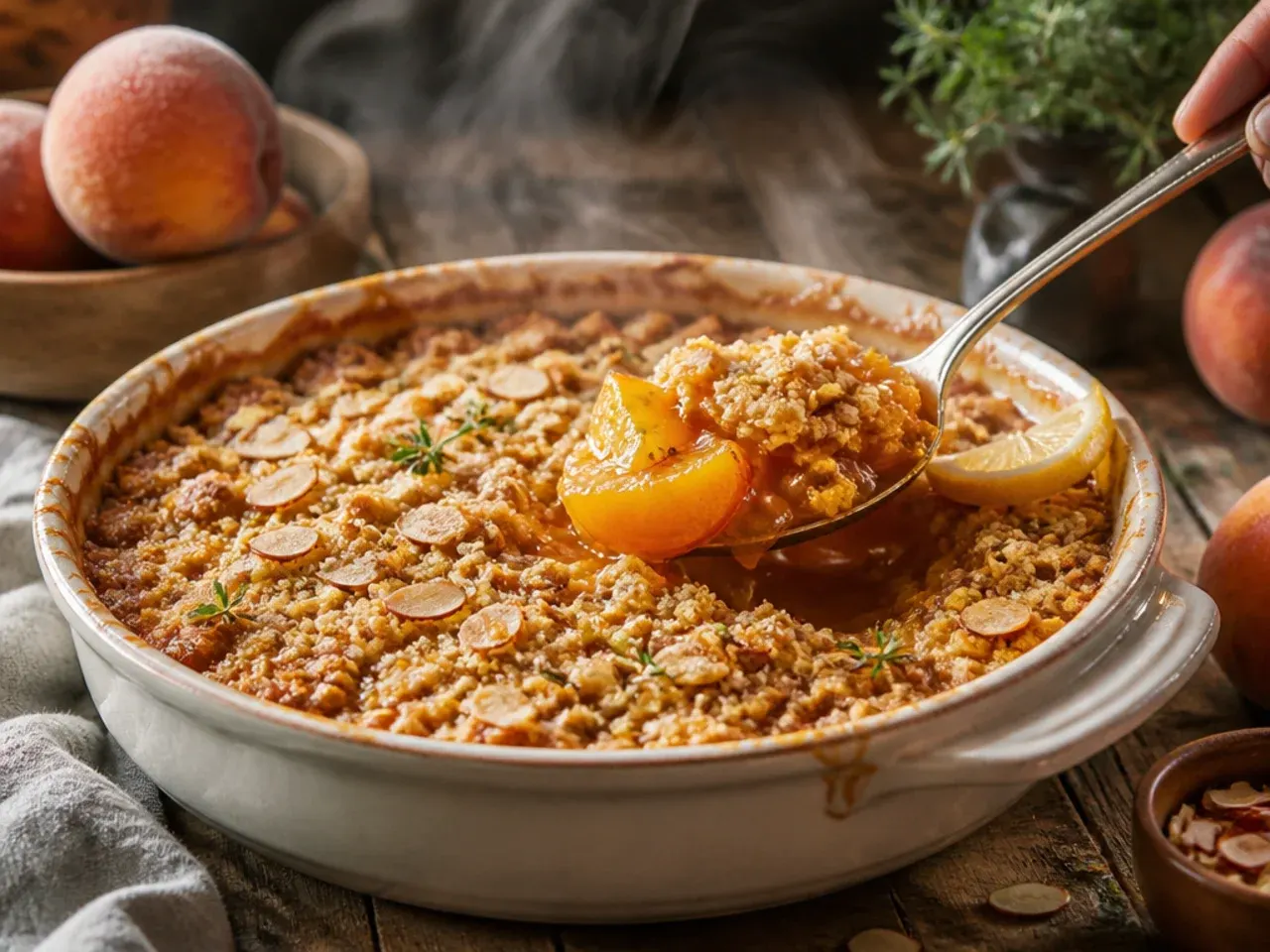 Peach crisp topped with toasted flaked almonds instead of pecans