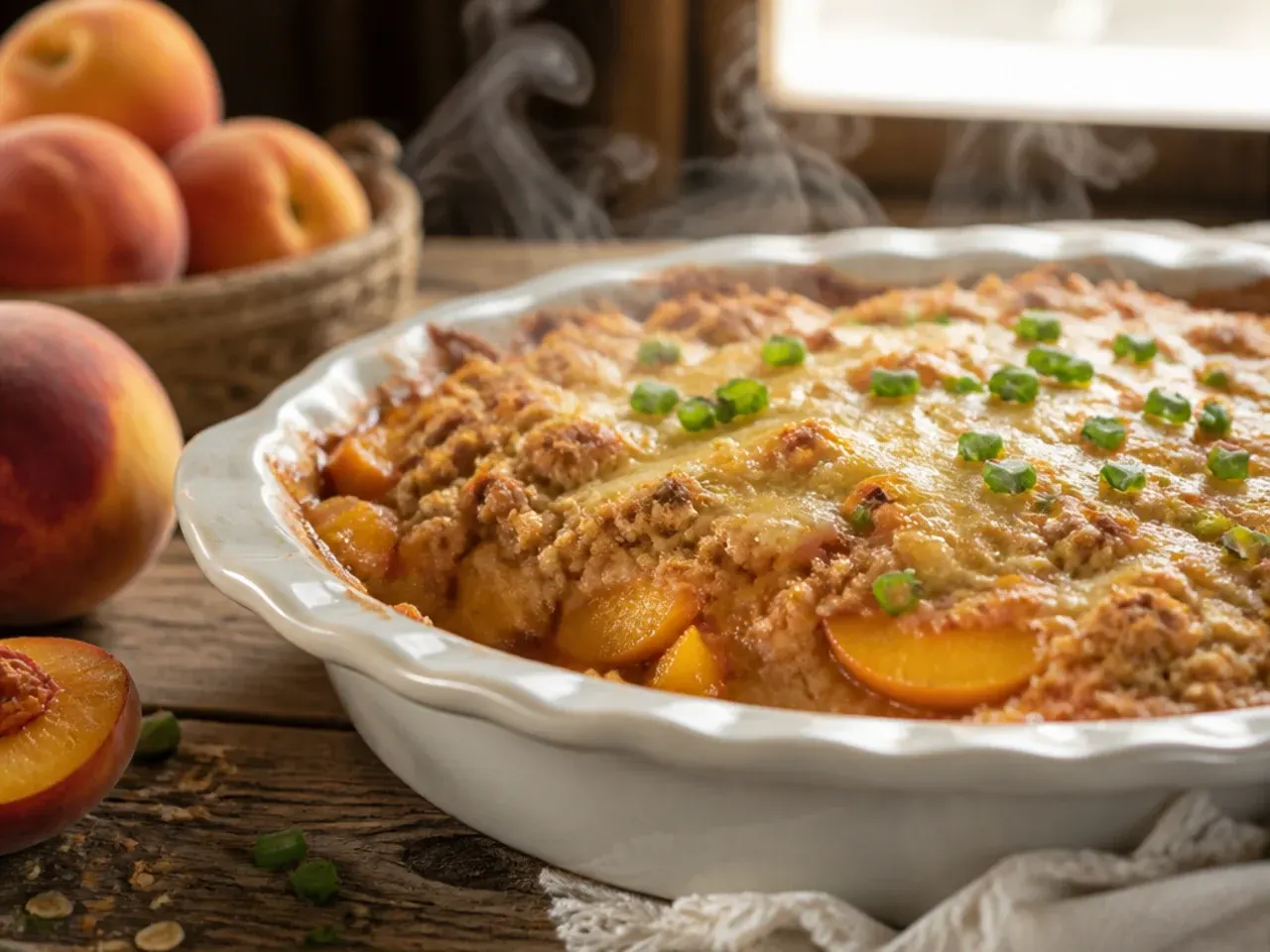 Peach and apple crisp with visible apple and peach slices under a golden topping