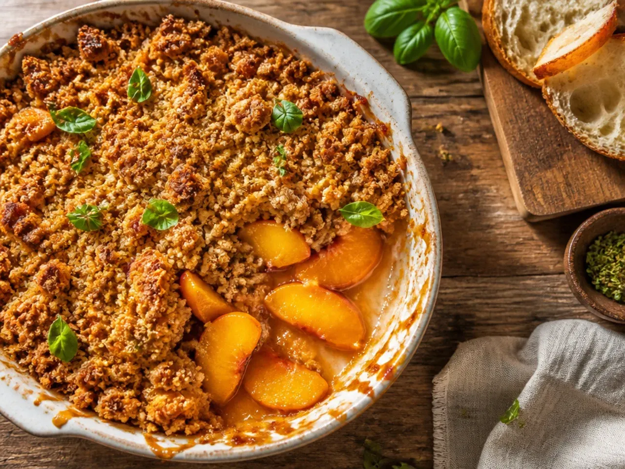 Cardamom-spiced peach crisp served with a dollop of Greek yoghurt