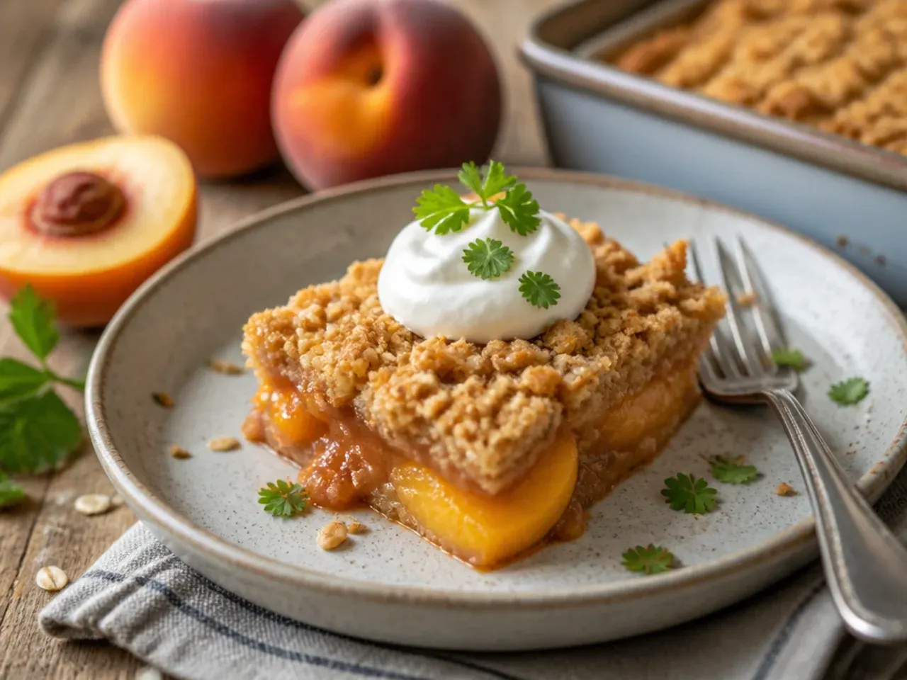 Sliced peach crisp bars stacked on a cutting board with a firm crumble base