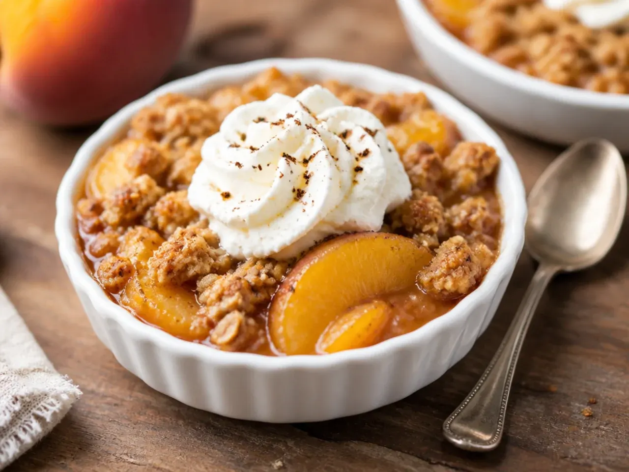 Row of mini peach crisps baked in individual ramekins on a baking tray