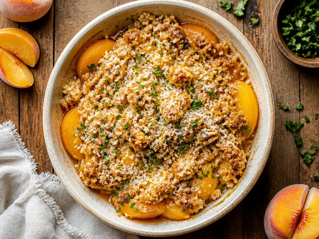Slow cooker filled with peach crisp topped with an oat crumble, lid propped open