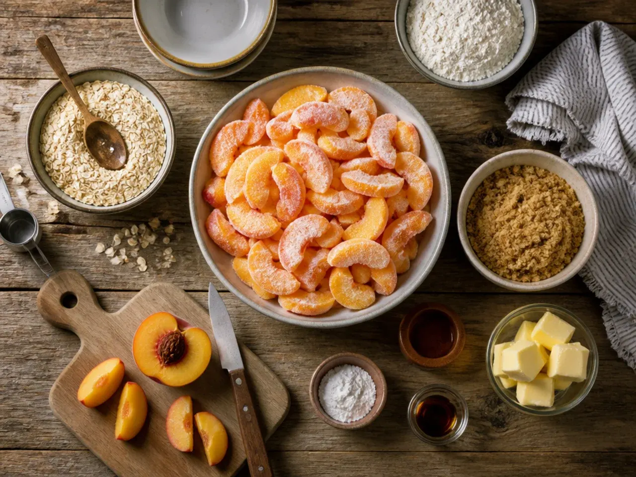 Close-up of bubbling peach crisp filling at the edge of a baking dish showing the topping's texture