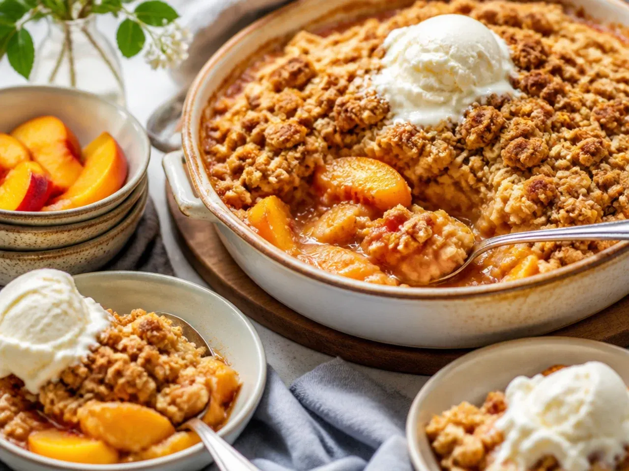 Bowl of peach crisp topped with melting vanilla ice cream and a mint leaf garnish