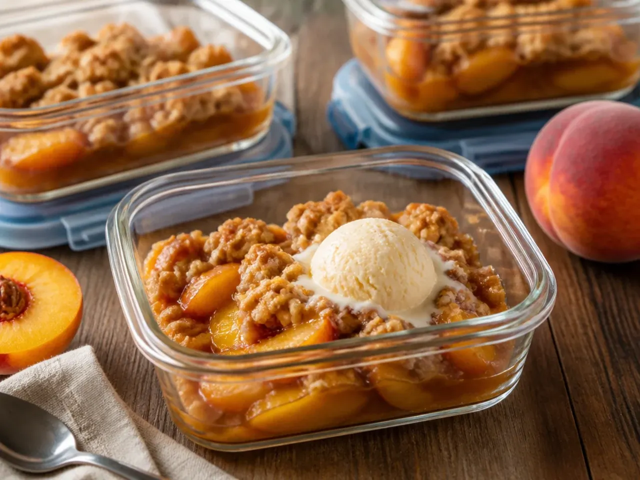 Leftover peach crisp stored in an airtight glass container in the fridge
