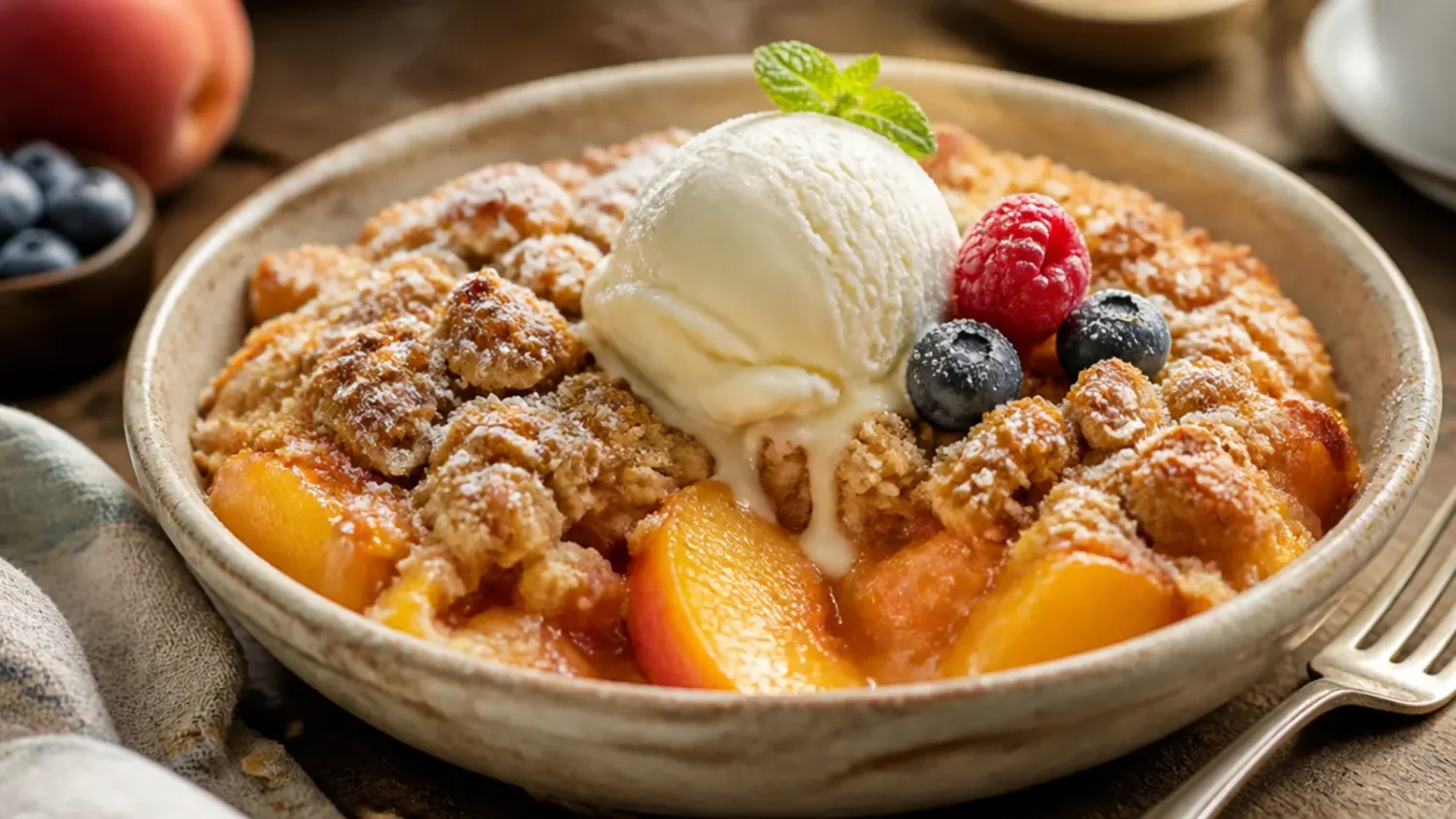 A golden-brown peach crisp with oatmeal topping in a white baking dish, bubbling peach filling visible at the edges, with a scoop of vanilla ice cream melting on top