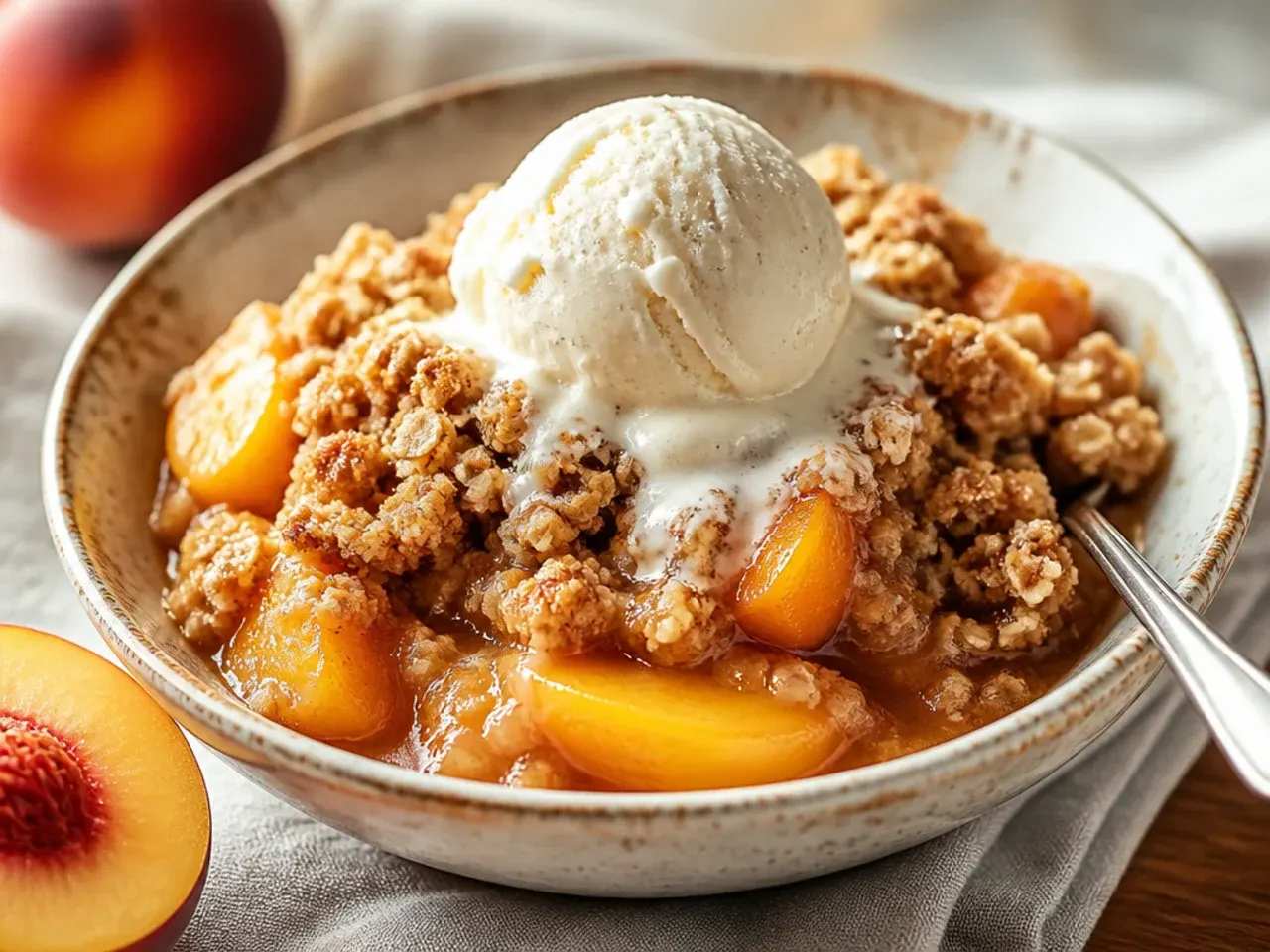 Overhead shot of twenty small peach crisp variations arranged on a wooden table