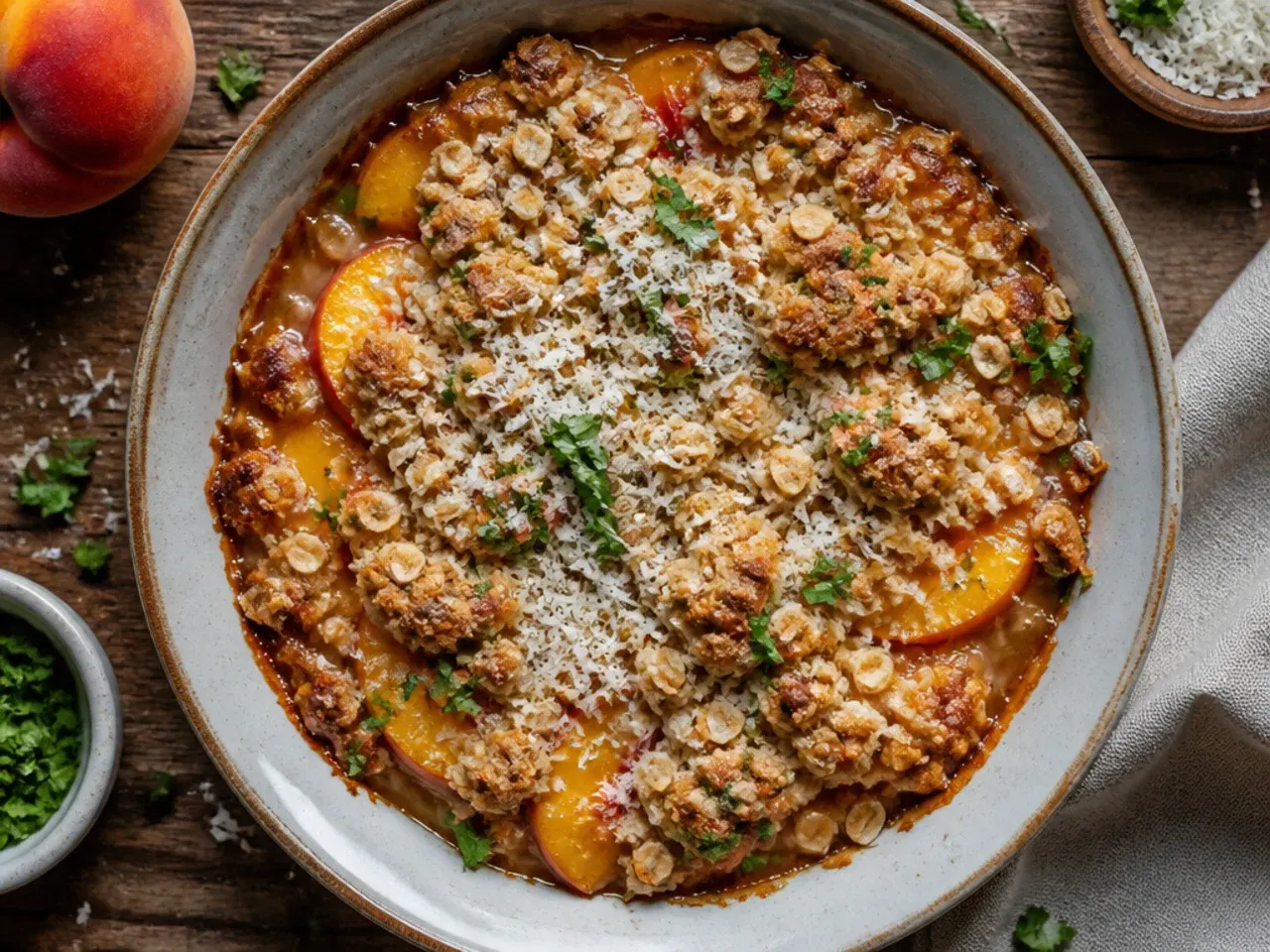 Classic peach crisp with golden oat topping in a white ceramic baking dish, fresh from the oven