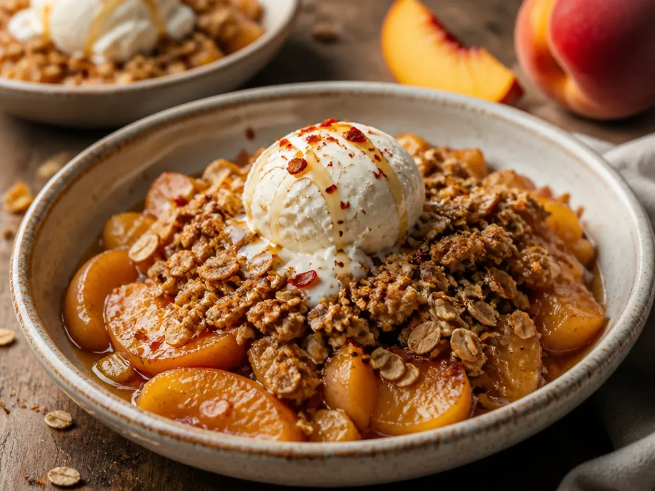 Unpeeled sliced peaches being tossed directly in a baking dish with oat crumble topping