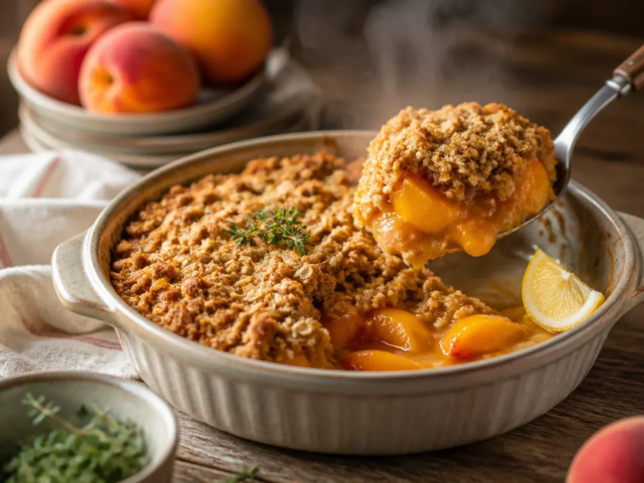 Steaming spiced peach crisp in a rustic dish with a jug of cream alongside
