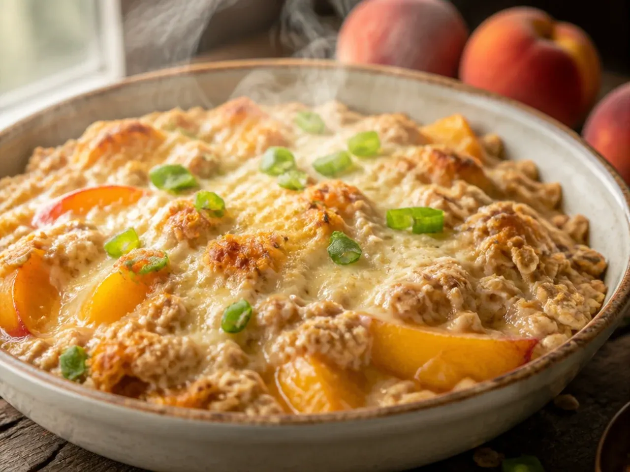 Sliced peach crisp showing a creamy cream cheese swirl layer beneath the oat topping