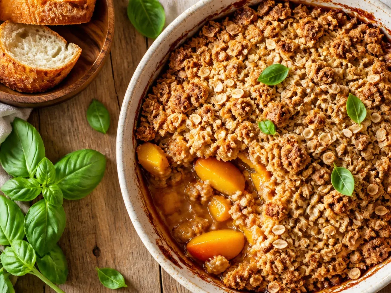 Simple five-ingredient peach crisp in a small dish with a wooden spoon resting beside it