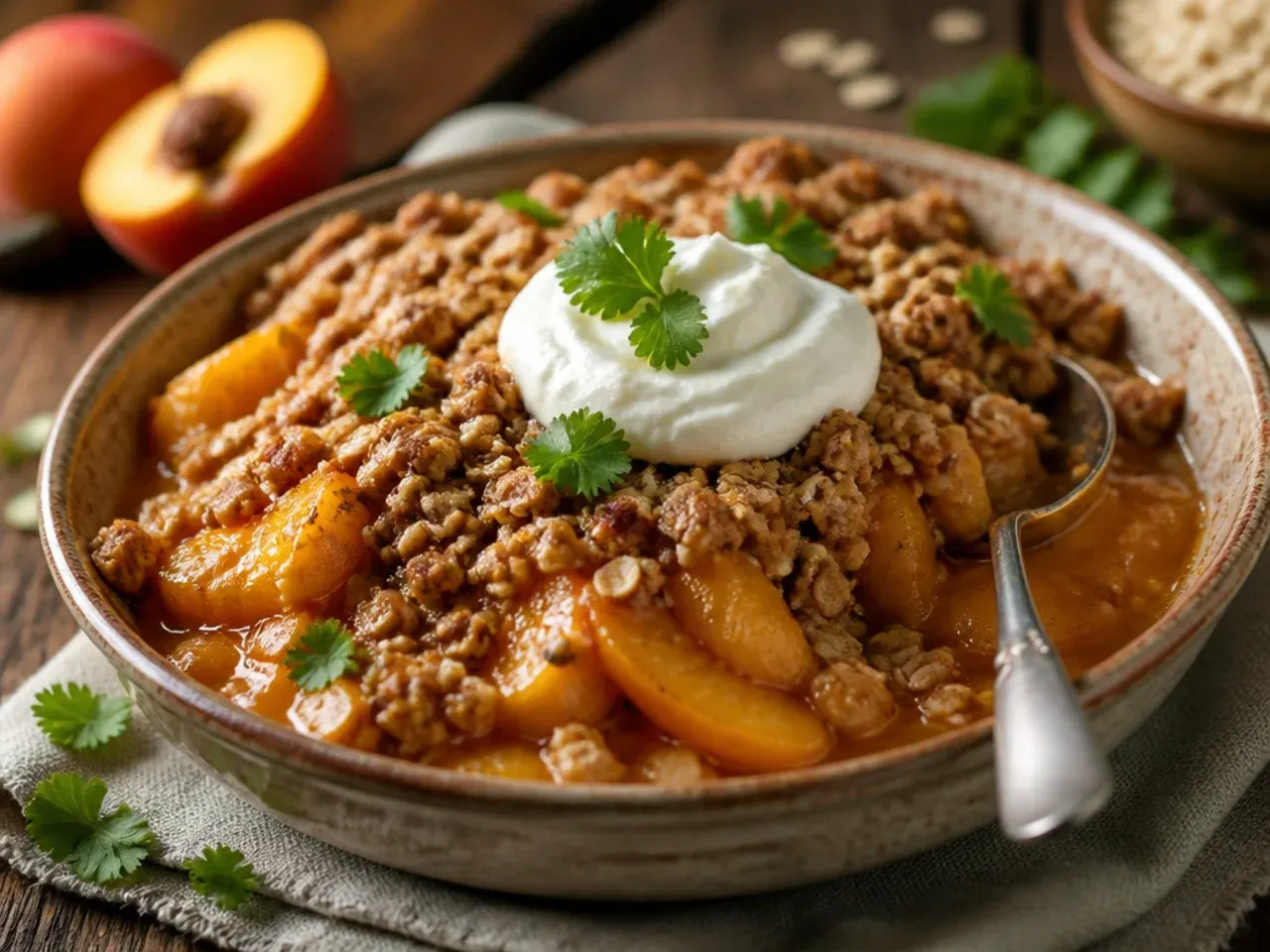Peach crisp topped with lemon zest curls next to a whole lemon and orange