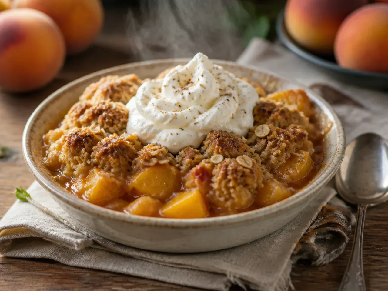 Wholemeal peach crisp topped with visible flaxseed, served with a bowl of natural yoghurt