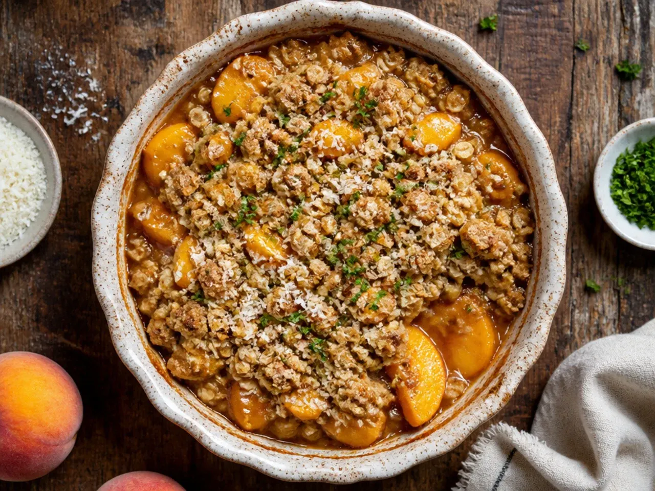 Drained tinned peach slices in a bowl next to an open tin and a basic oat crumble topping