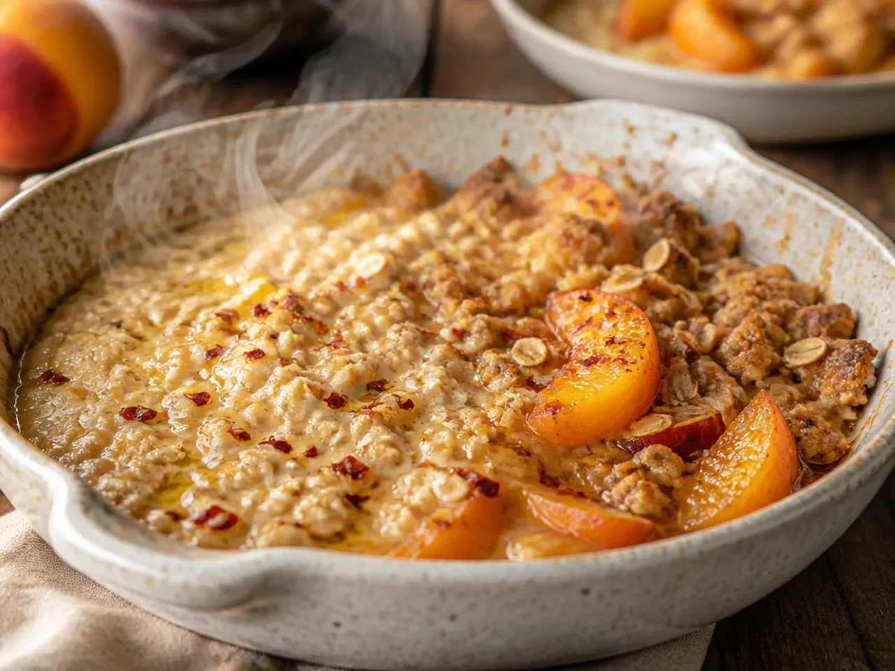 Freezer bag of pre-made oat crumble topping being scattered over sliced peaches in a dish