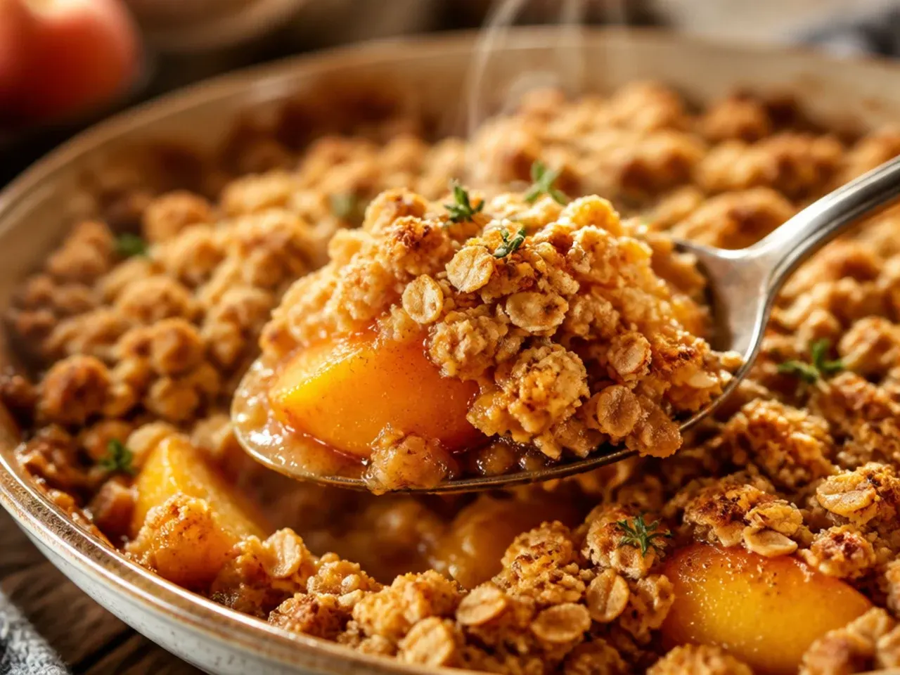 Peach crisp with oatmeal topping baked and served in a cast iron skillet