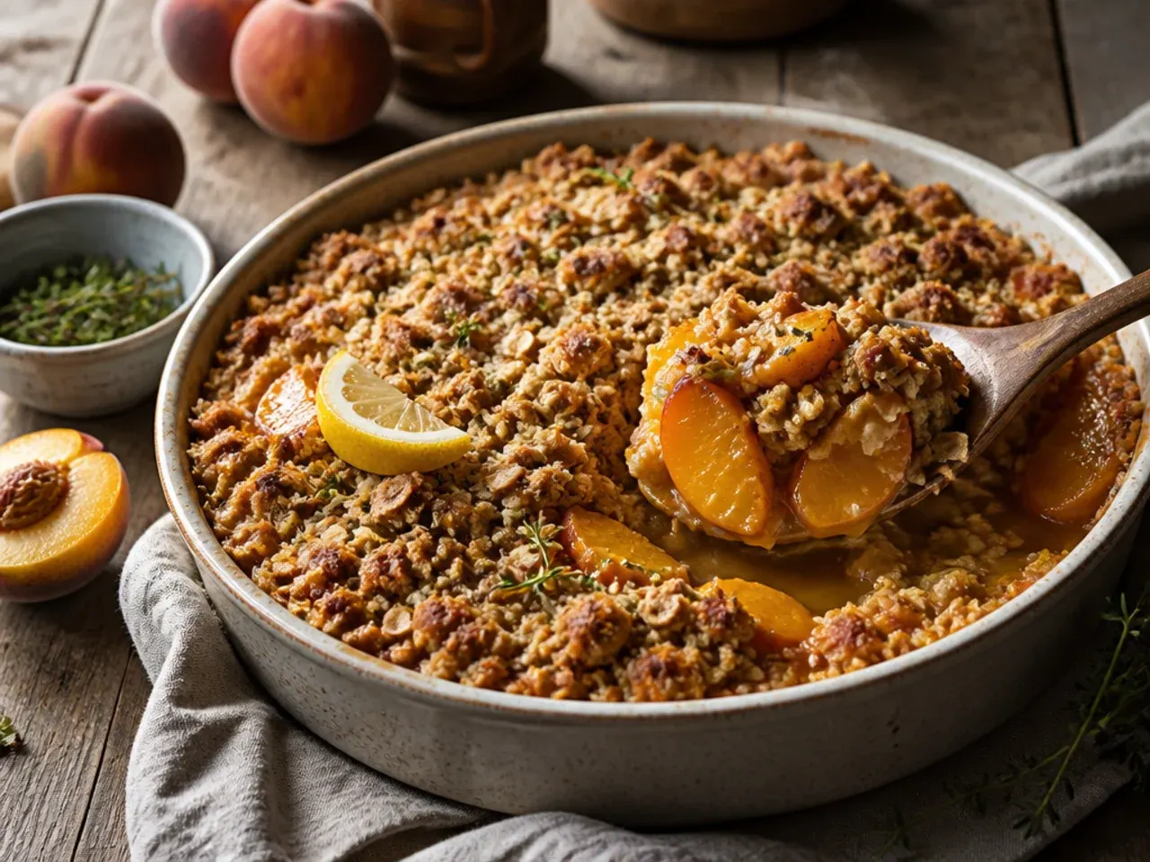 Loaded peach crisp topped with toasted pecans, coconut flakes, and melted white chocolate chips