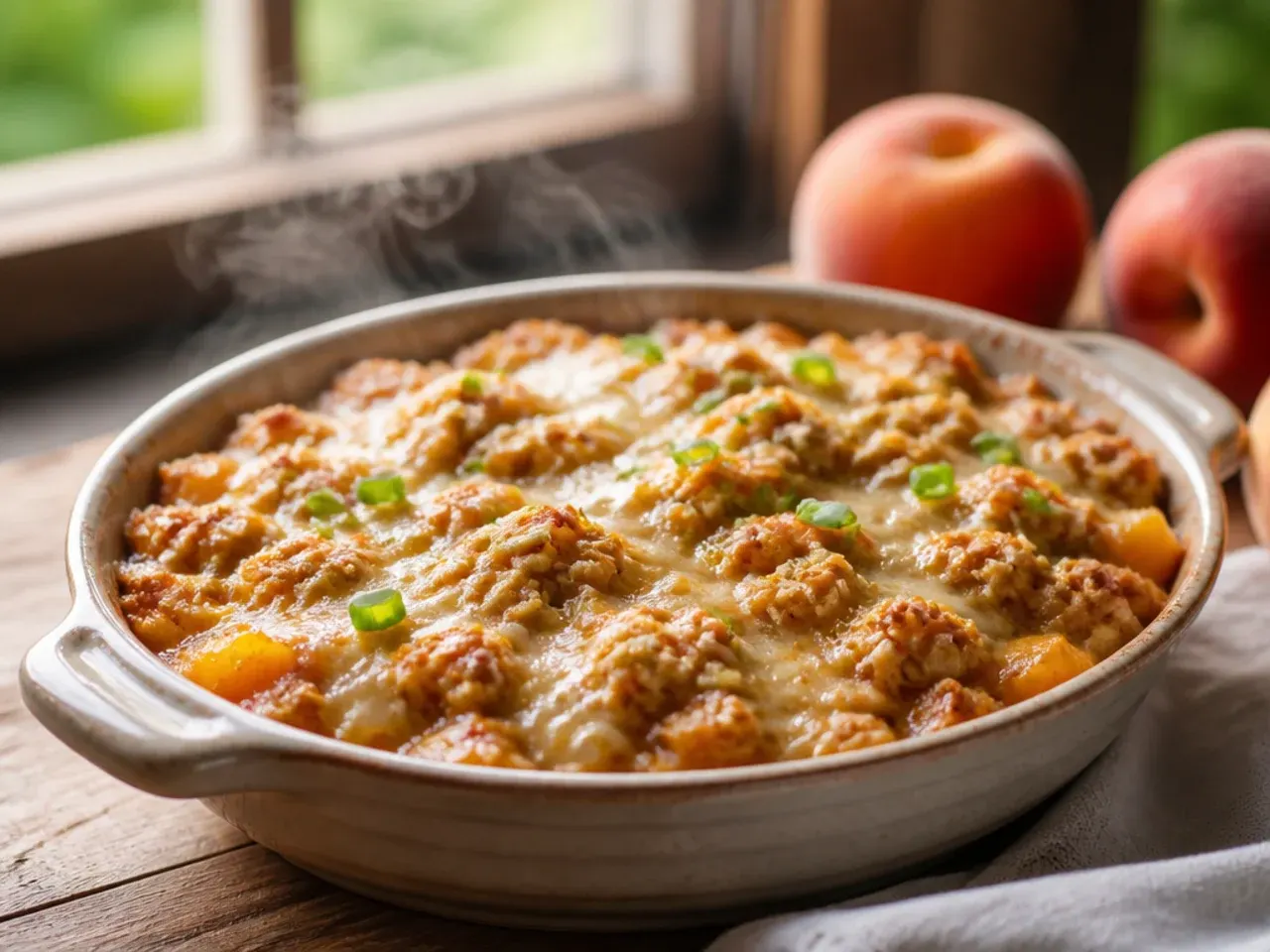 Large family-size peach crisp in a 9x13 baking dish being served with a spatula