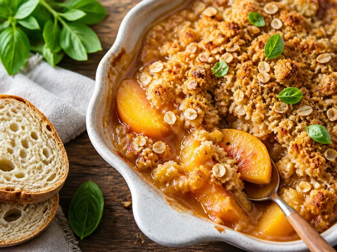 Elegant peach crisp with browned butter topping and a scattering of flaky sea salt, plated for a dinner party