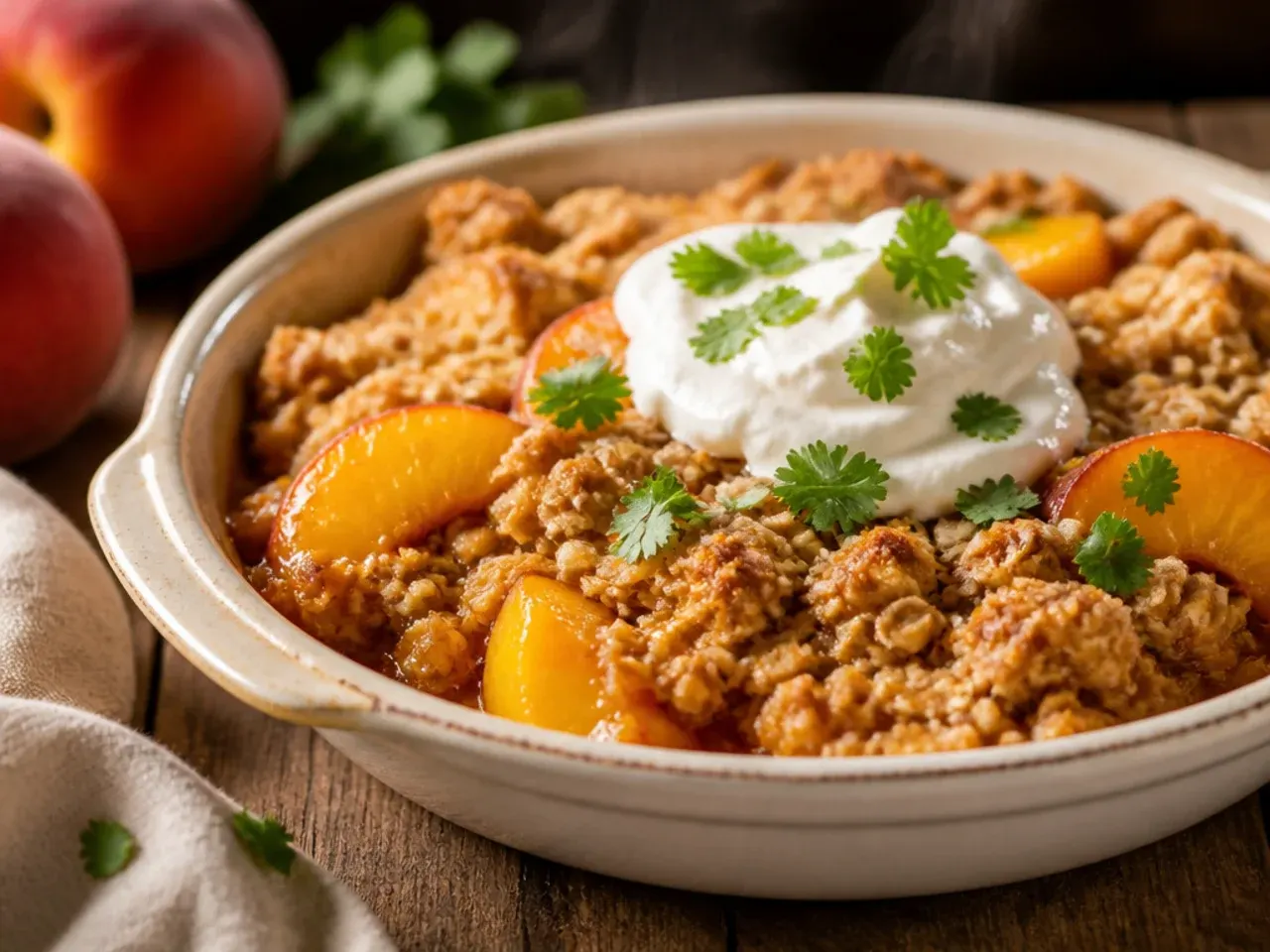 Four individual peach crisps baked in white ramekins on a baking sheet