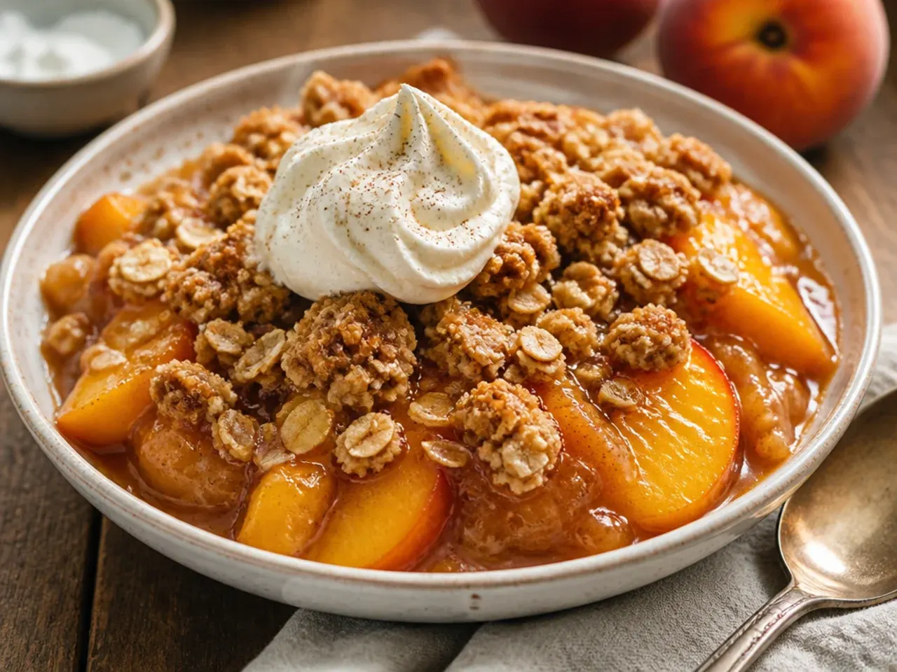 Peach and blueberry crisp with purple-tinged bubbling filling under a golden oat topping