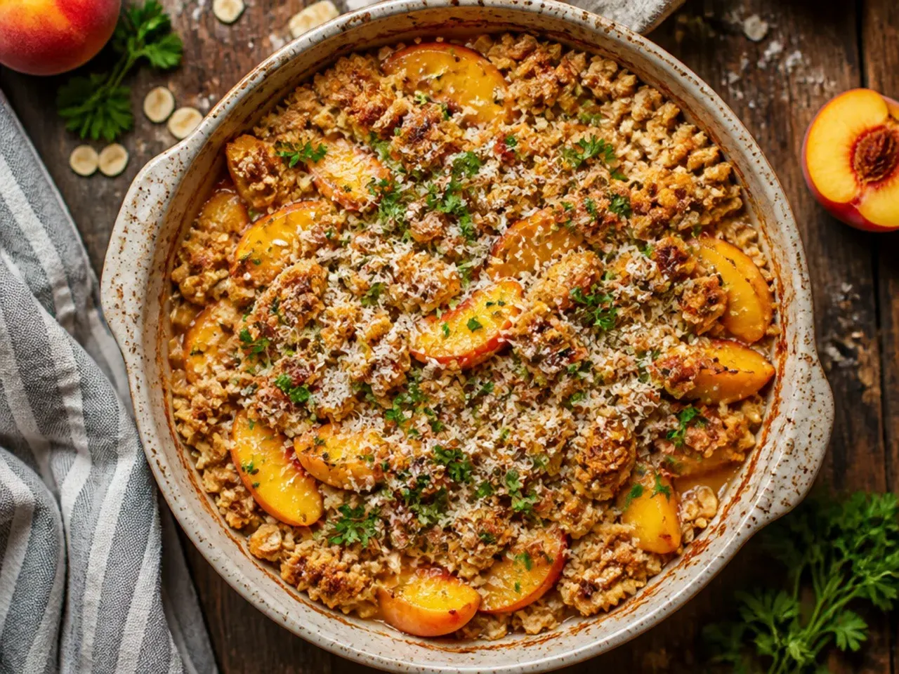 Gluten-free peach crisp with oat topping next to a bag of gluten-free rolled oats