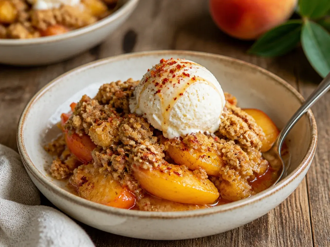 Peach and raspberry crisp with deep pink-red bubbling filling beneath an oat crumble