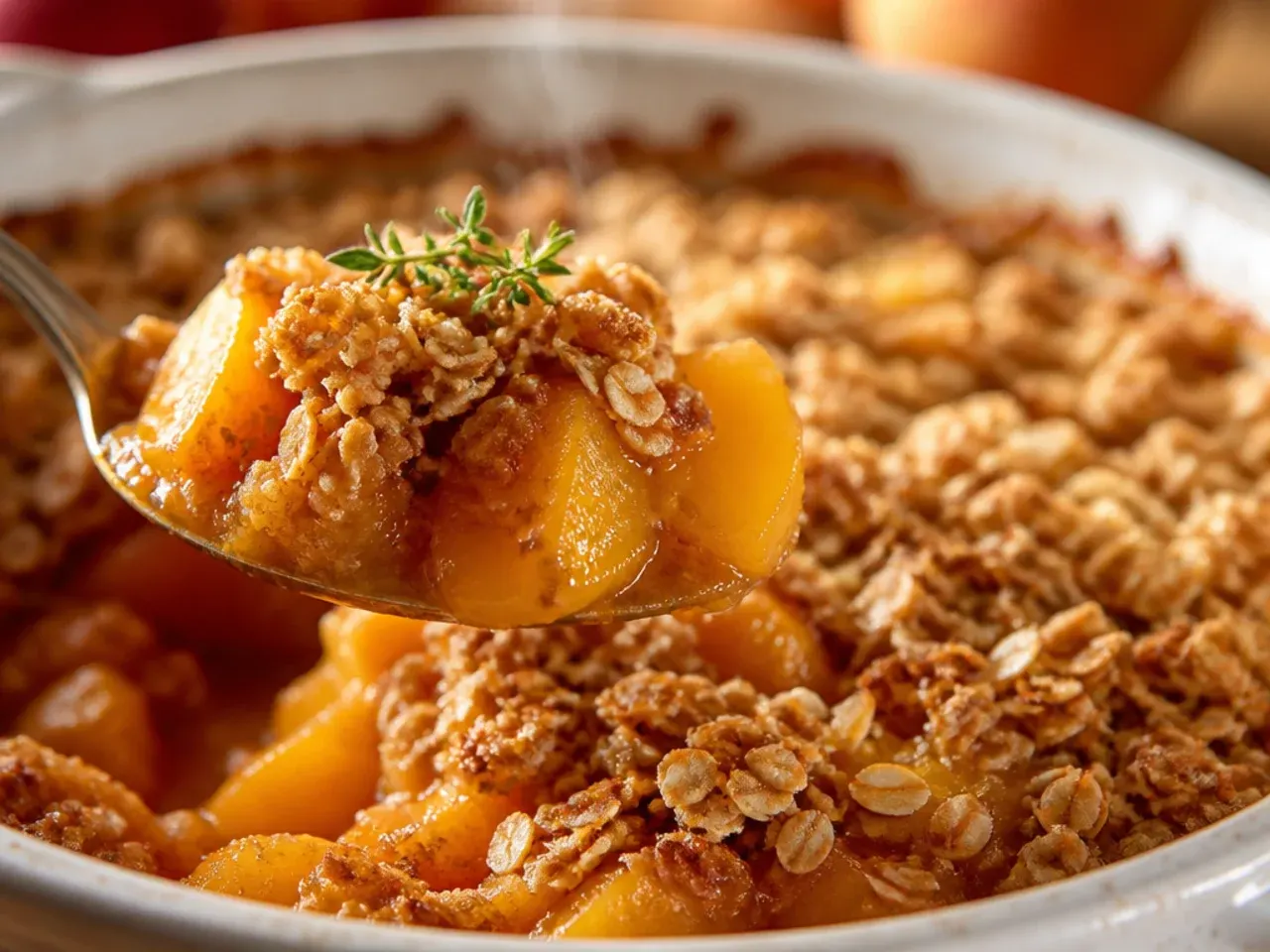 Maple walnut peach crisp with a sticky golden topping being drizzled with maple syrup