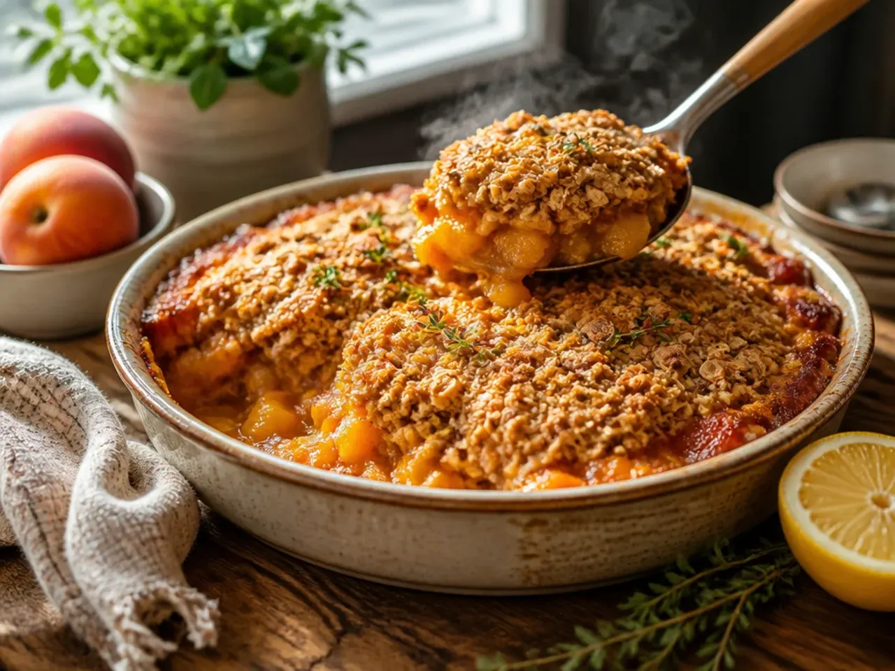 Peach crisp with a swirl of Greek yoghurt visible beneath the golden oat topping