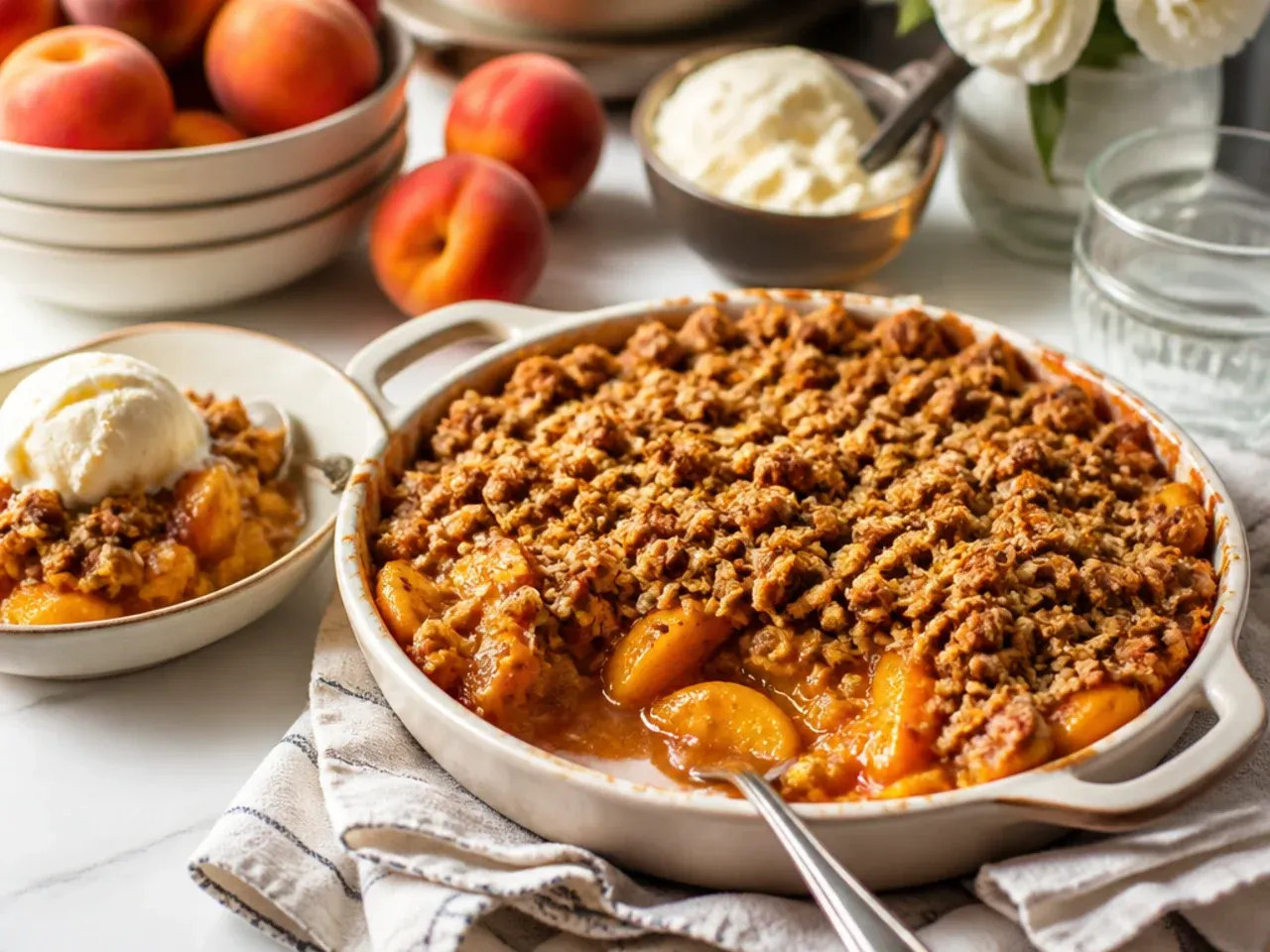 Bowl of peach crisp topped with a melting scoop of vanilla ice cream