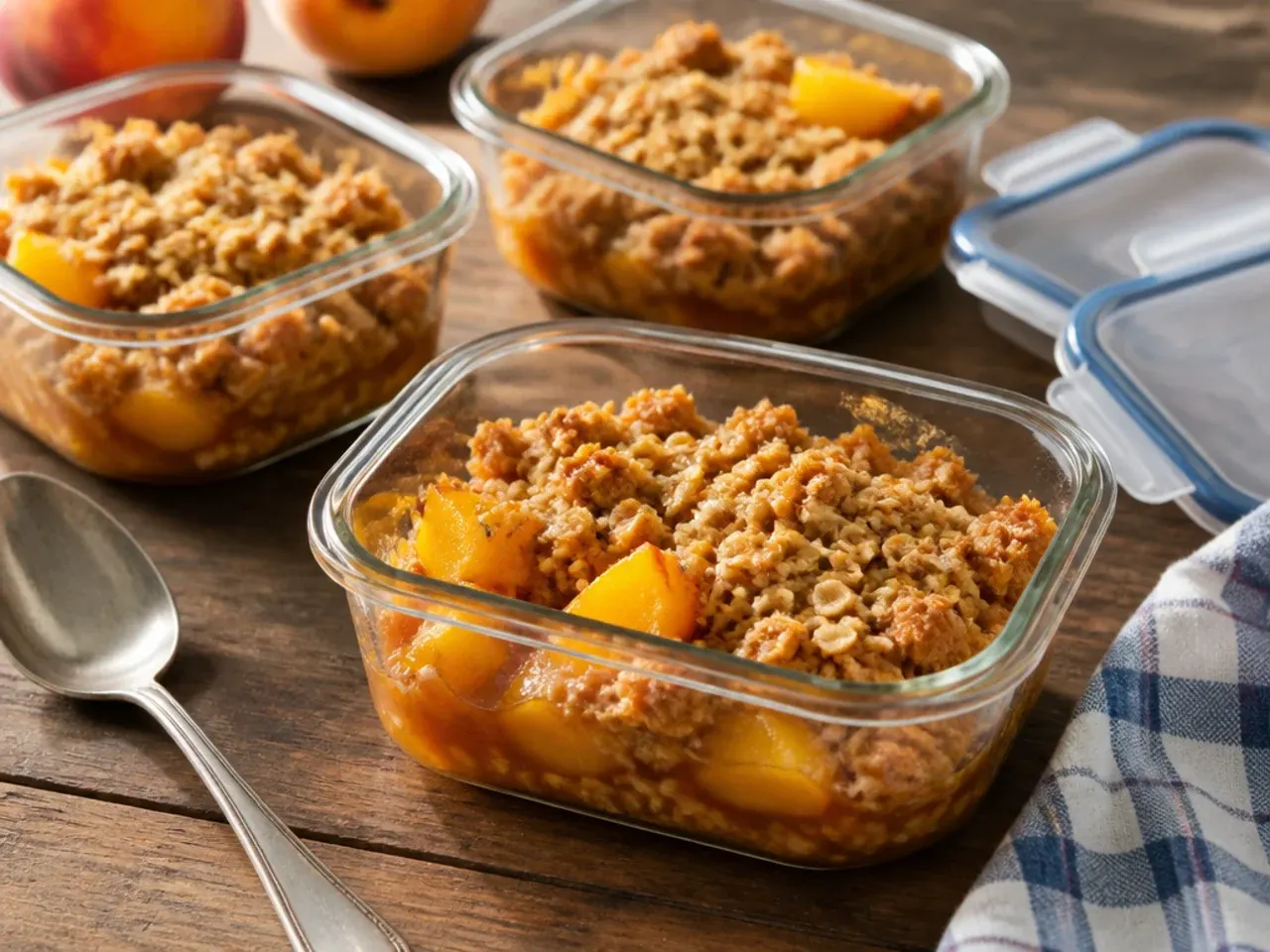 Peach crisp portions being spooned into a glass storage container for the fridge