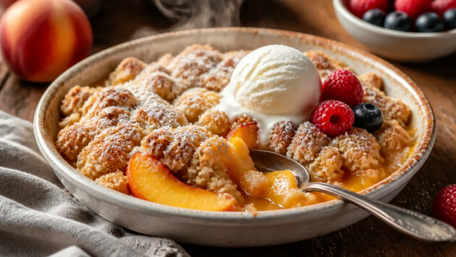A golden-brown peach crisp in a baking dish, bubbling with juicy fruit at the edges and topped with a melting scoop of vanilla ice cream.