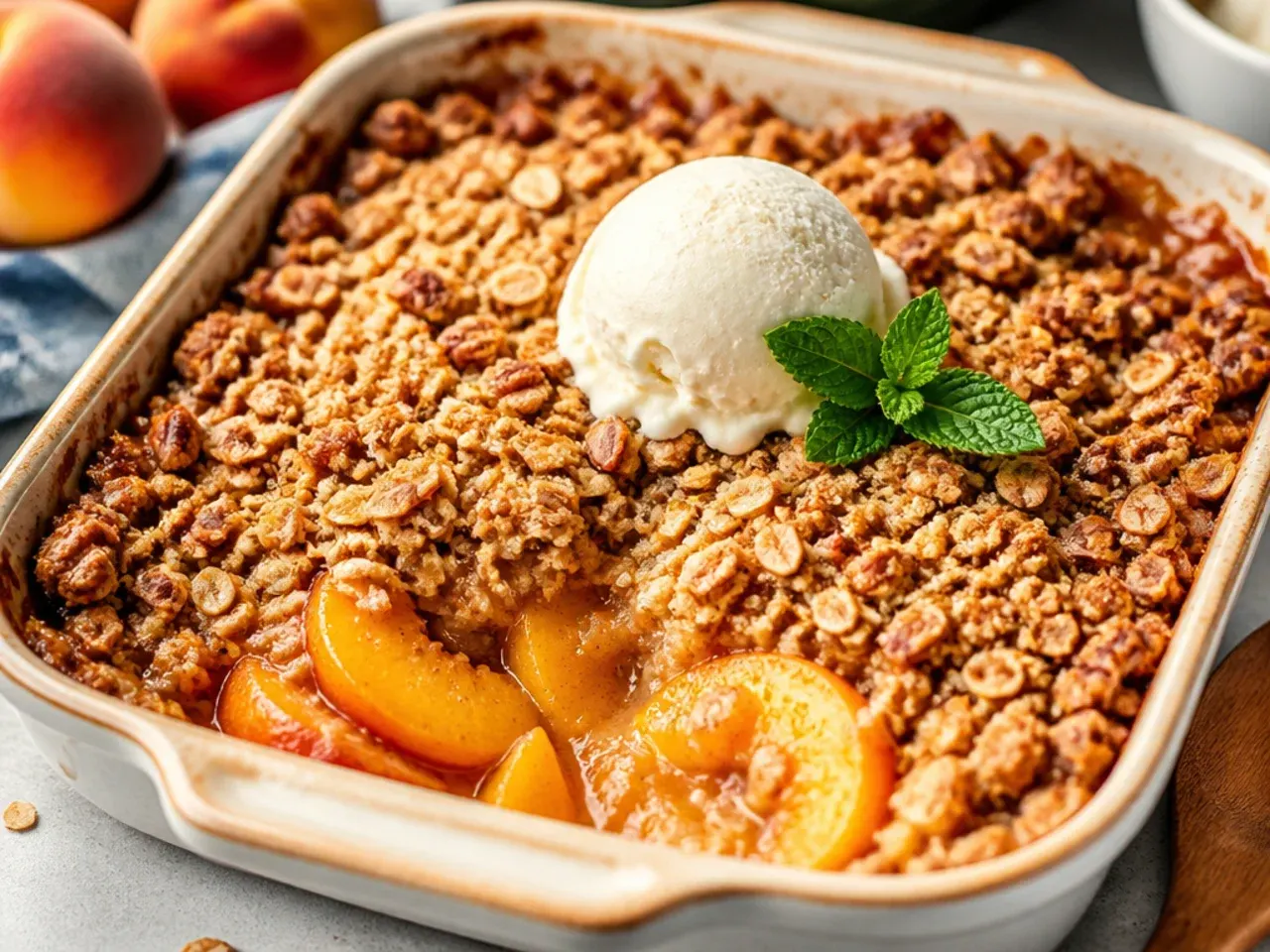 Overhead shot of a bubbling peach crisp fresh from the oven with a golden oat topping.