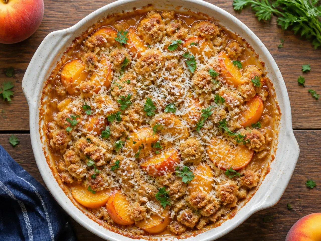 Close-up of classic peach crisp with a golden oat crumble topping in a white baking dish.