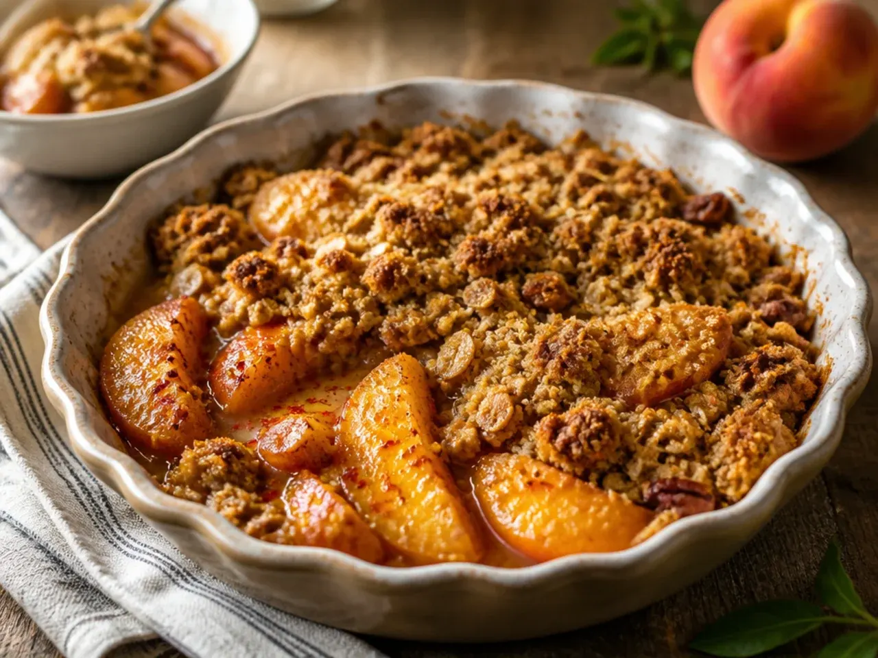 A single mixing bowl with melted-butter crumble topping being stirred together for easy peach crisp.