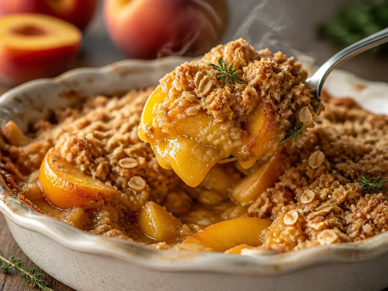 Fresh ripe peaches being sliced on a wooden board for peach crisp.