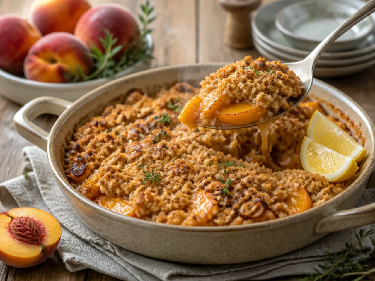A bowl of warmly spiced peach crisp with a dusting of cinnamon on top.