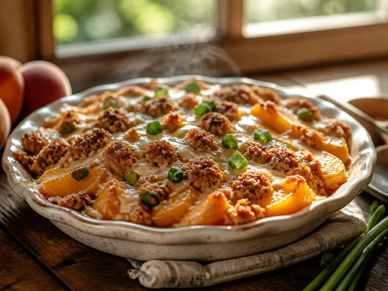 A slice of creamy peach crisp showing a cream cheese layer beneath the crumble topping.