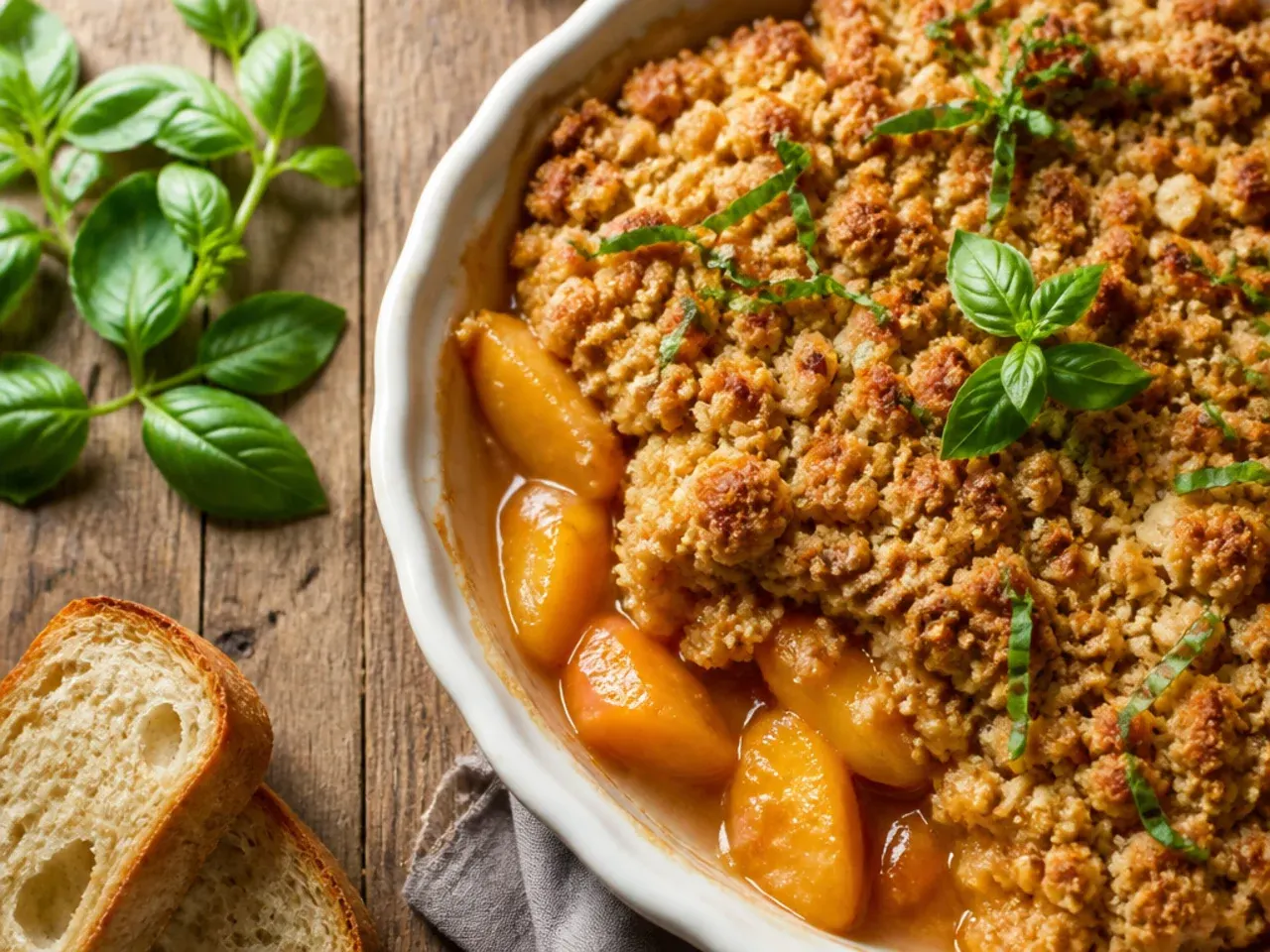A short list of simple ingredients — peaches, oats, flour, butter and sugar — laid out for a basic peach crisp.