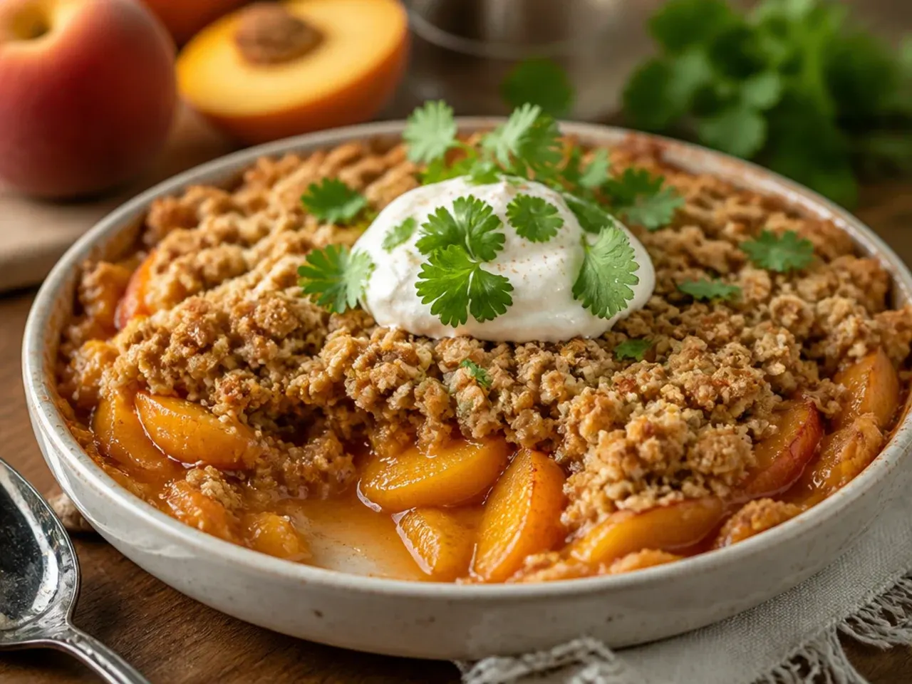 Lemon zest and grated ginger being sprinkled over sliced peaches in a bowl.