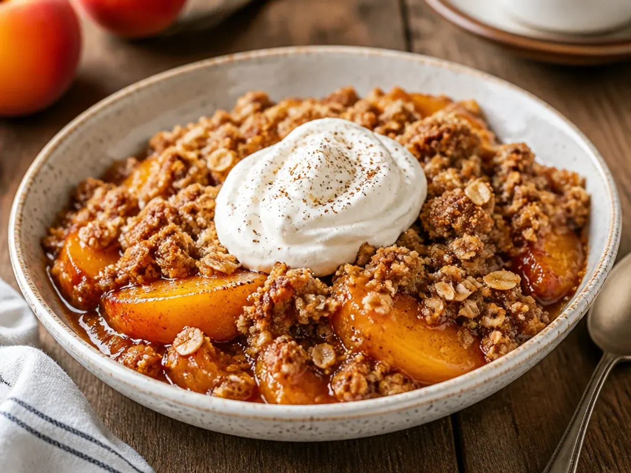 A wholesome peach crisp topped with chopped walnuts and a coarser whole-wheat crumble.