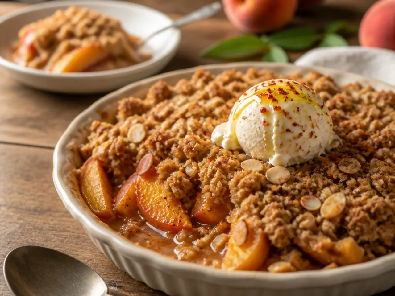 A bowl of pre-softened peach filling ready to be topped with crumble for a quick weeknight crisp.