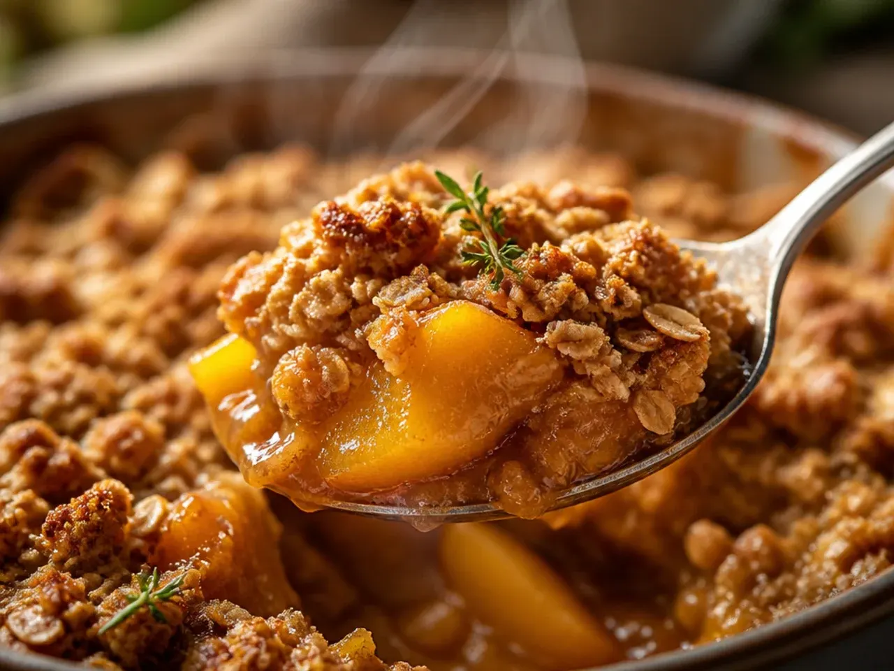 A rustic peach and blackberry crisp with visible purple juice bubbling through the topping.