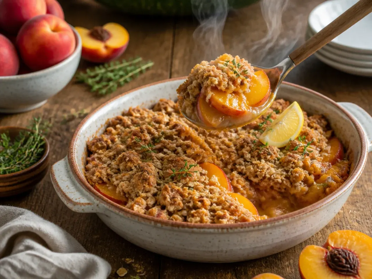 A loaded peach crisp topping studded with pecans, coconut and white chocolate chips.