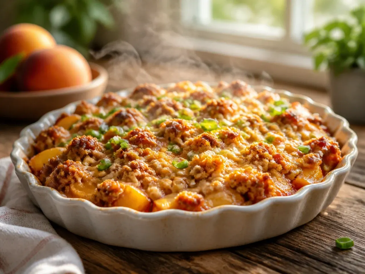 A large family-size peach crisp in a 9x13 inch baking dish fresh out of the oven.